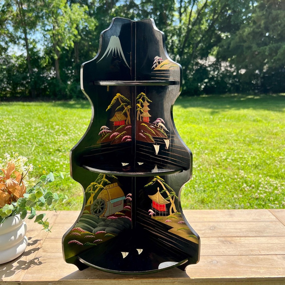 Vintage Japanese Handpainted Corner Shelf | Black Lacquer Three Their